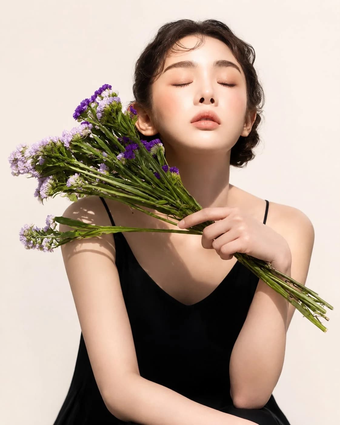 비기닝 에디토리얼 06/27 — 러프 업스타일과 플라워 오브제로 감성적이고 서정적인 패션 화보를 연출했습니다.