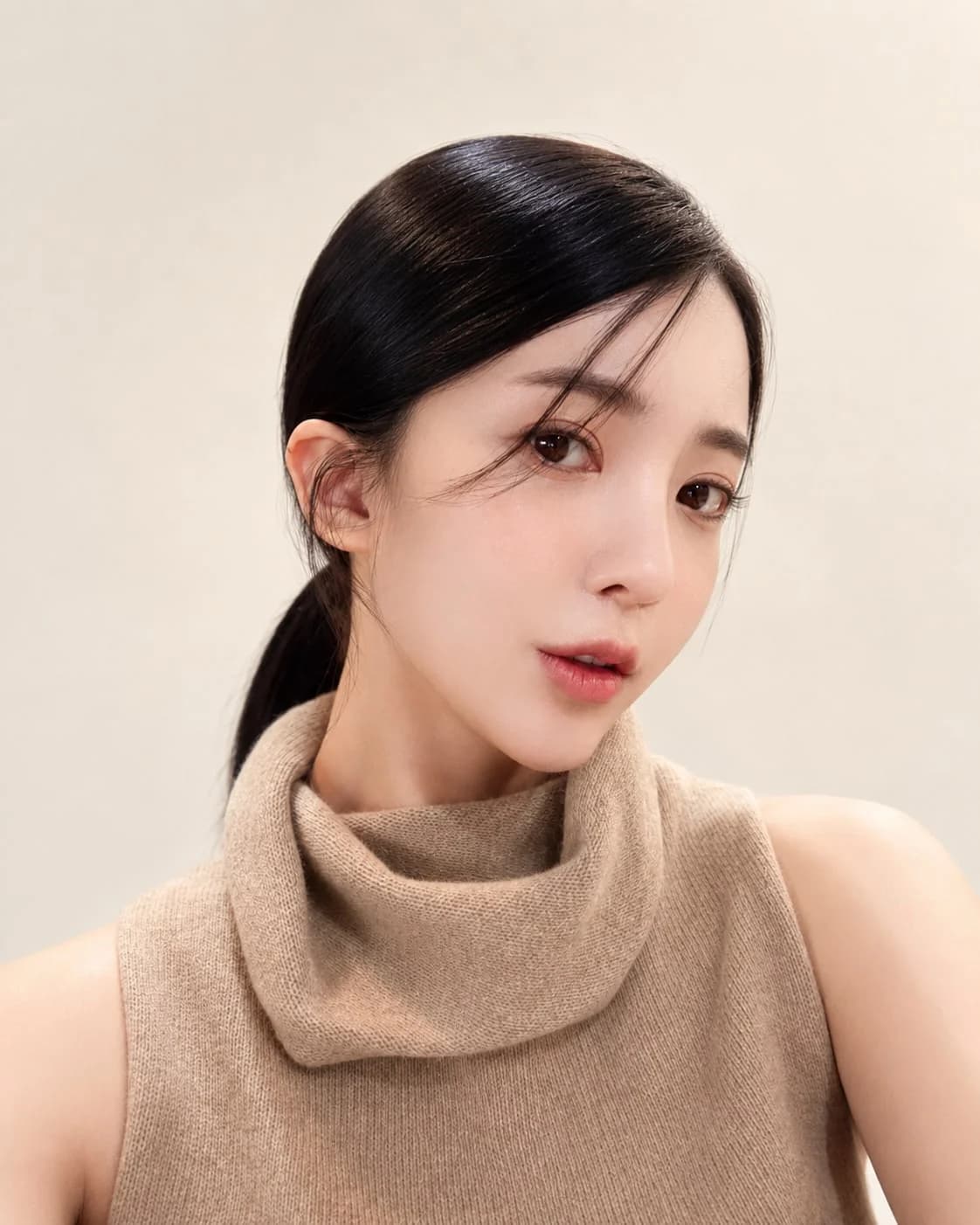 BEGINNING Profile 02/63 — Sleek low ponytail · Radiant skin and nude coral tones create a sophisticated, urban look.