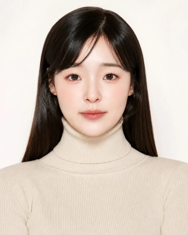 비기닝 프로필 17/63 — 센터 파트 롱 스트레이트 · 맑고 절제된 메이크업으로 깨끗한 기본 프로필을 완성했습니다.