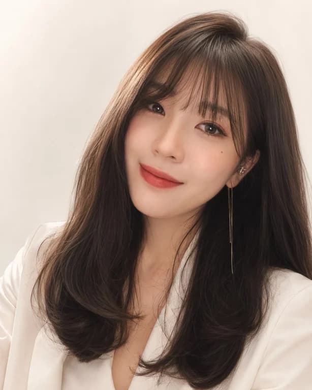 비기닝 롱 헤어 38/41 — 시스루뱅 미디엄 롱 C컬 · 어깨 아래로 정돈된 볼륨과 끝선 컬로 단정한 분위기를 살렸습니다.