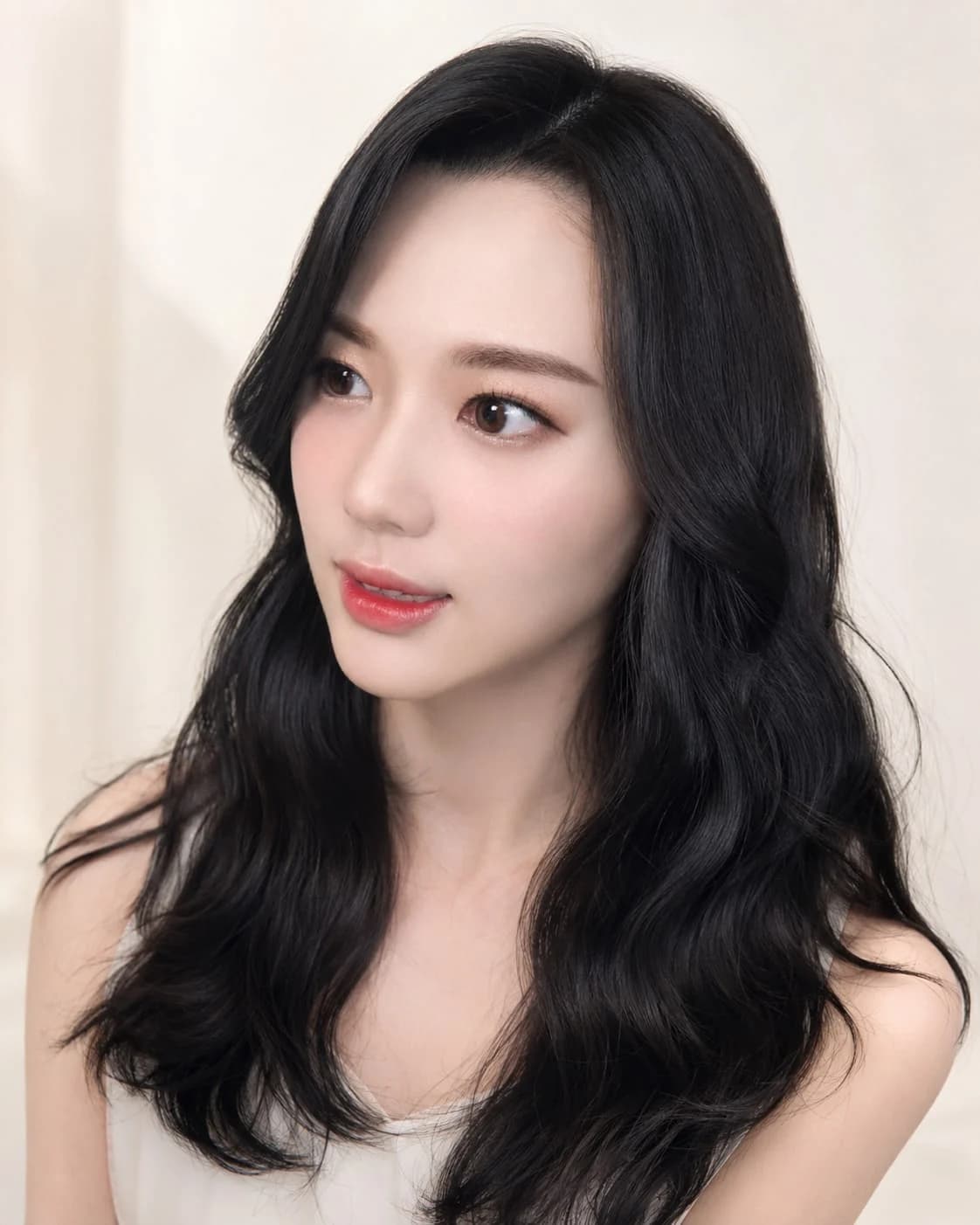 BEGINNING Medium Hair 02/14 — Center-Parted Glam Waves · Deep black curls and full volume create a luxurious, elegant look.