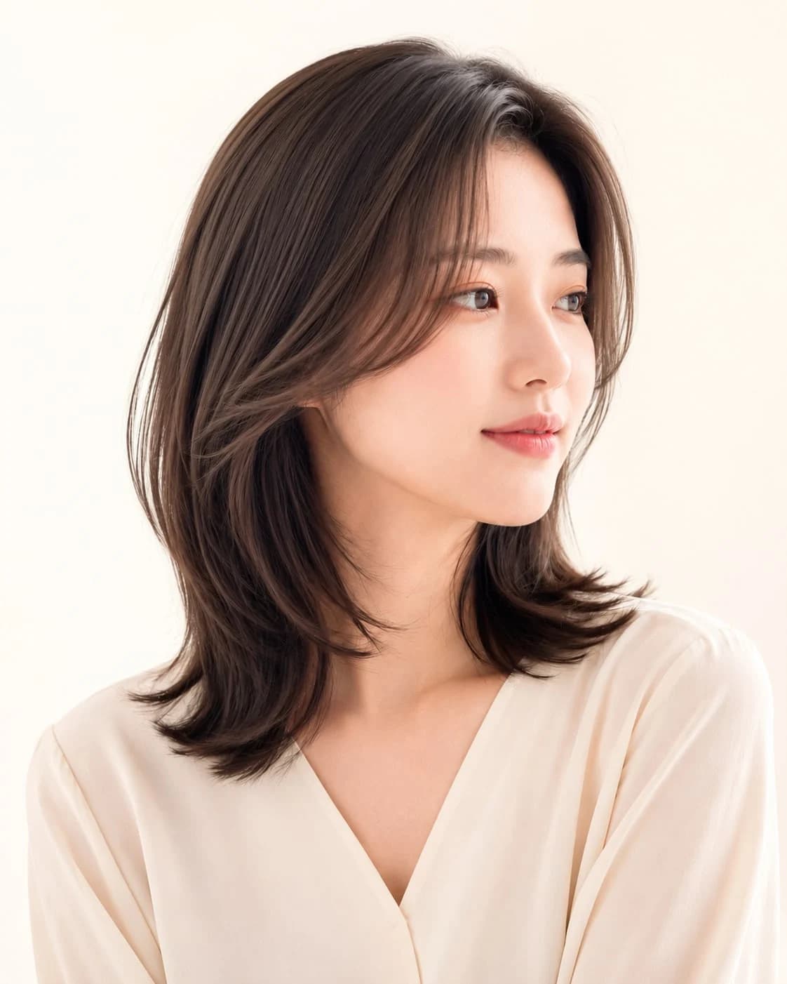 BEGINNING Medium Hair 03/14 — Center-parted, layered outward curls · Face-framing layers and outward-sweeping ends create a refined silhouette.
