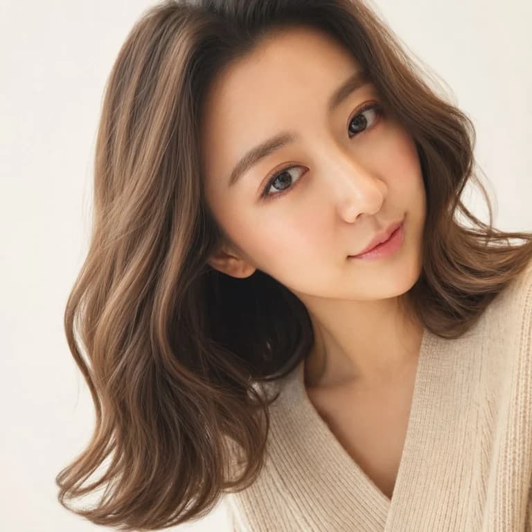 비기닝 미디엄 헤어 12/14 — 사이드 파트 레이어드 웨이브 · 얼굴선을 감싸는 층과 자연스러운 컬로 세련된 분위기를 완성했습니다.