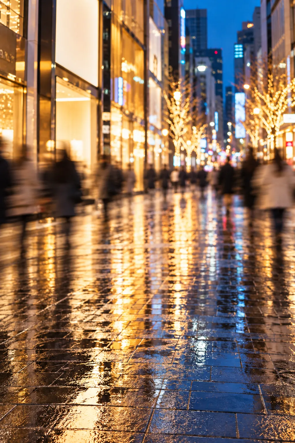 A busy Myeongdong shopping street, signs blurred