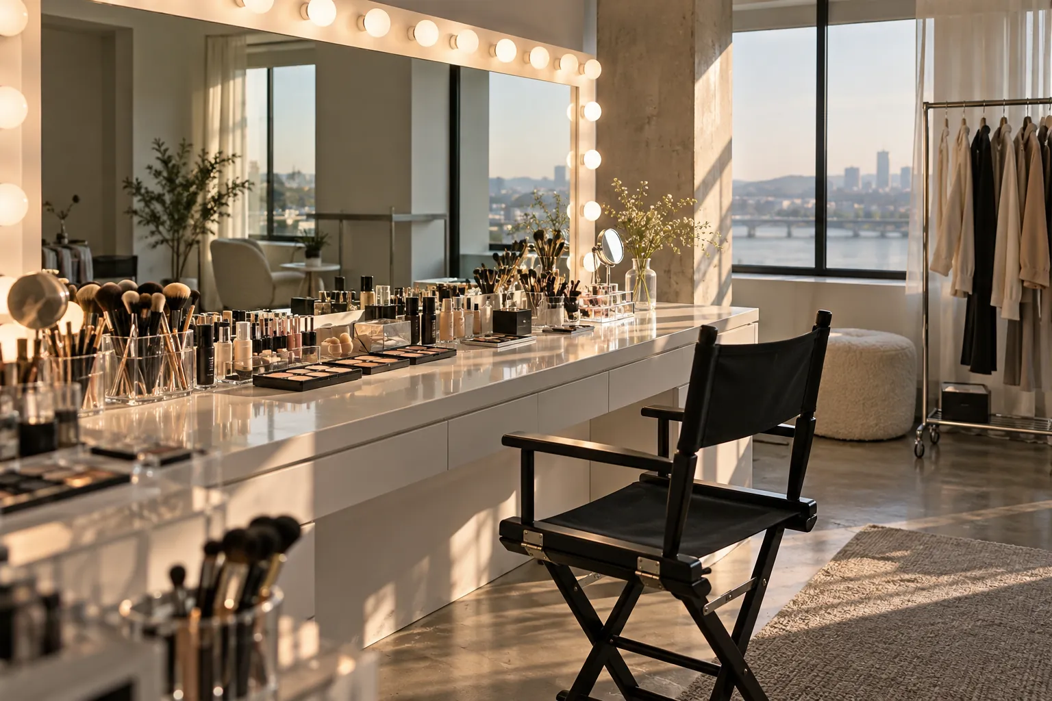 A makeup studio with a lit mirror and product shelves (fictional)