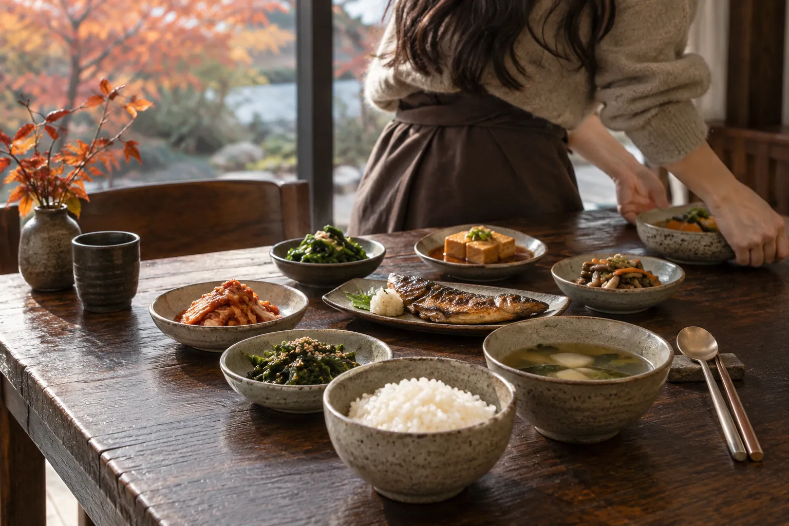 A Korean set meal on a wooden table (fictional)