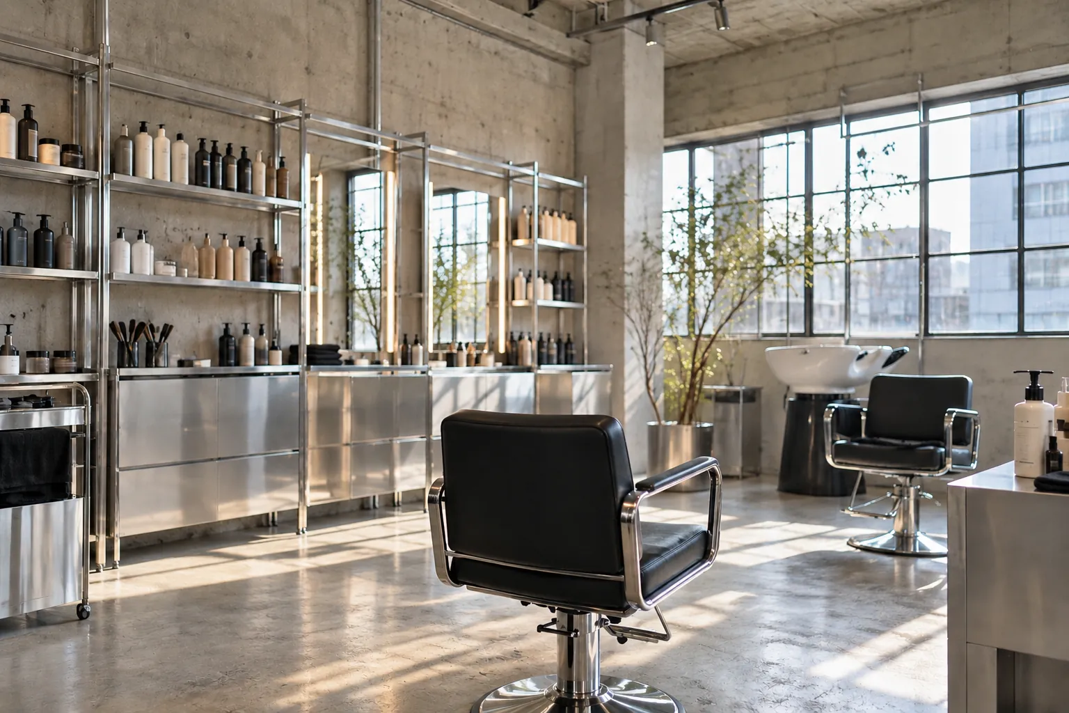 An industrial hair lab with concrete walls (fictional)