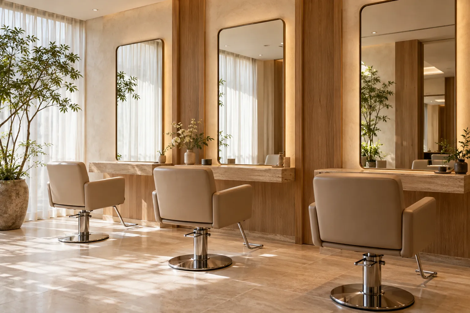 A beige salon interior with mirrors and chairs (fictional)