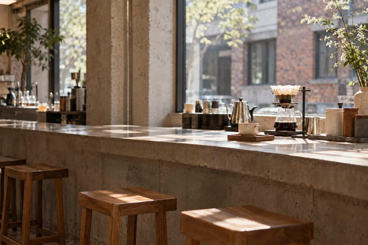 A bright Seongsu café with a long counter (fictional)