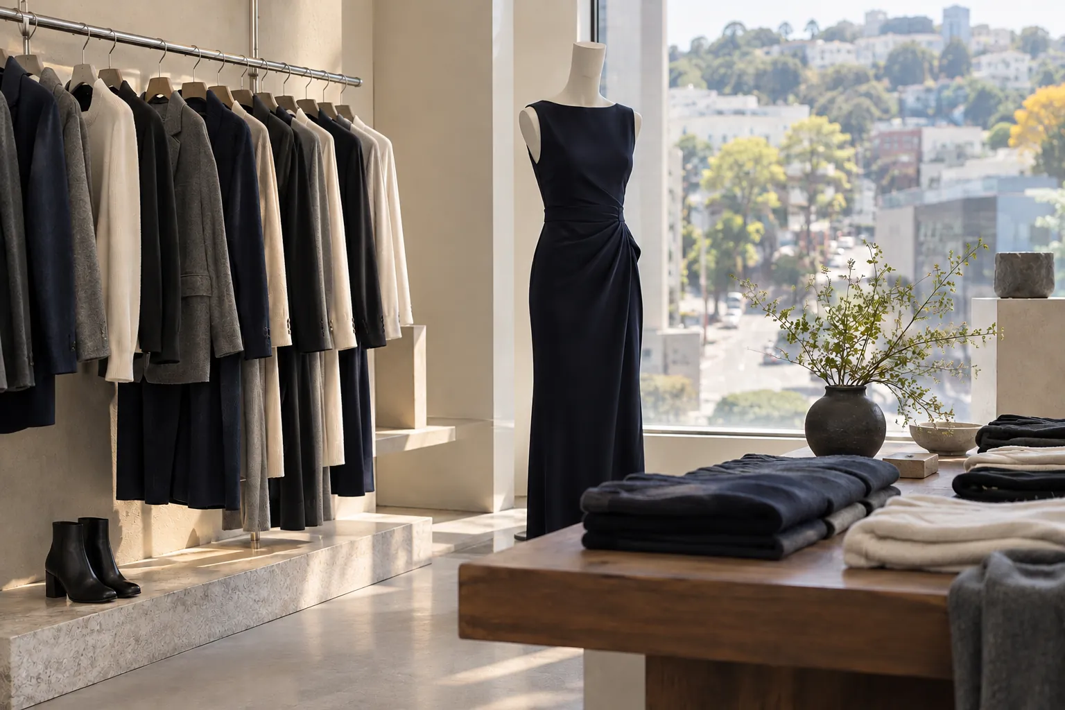 A minimal apparel boutique with coats on rails (fictional)