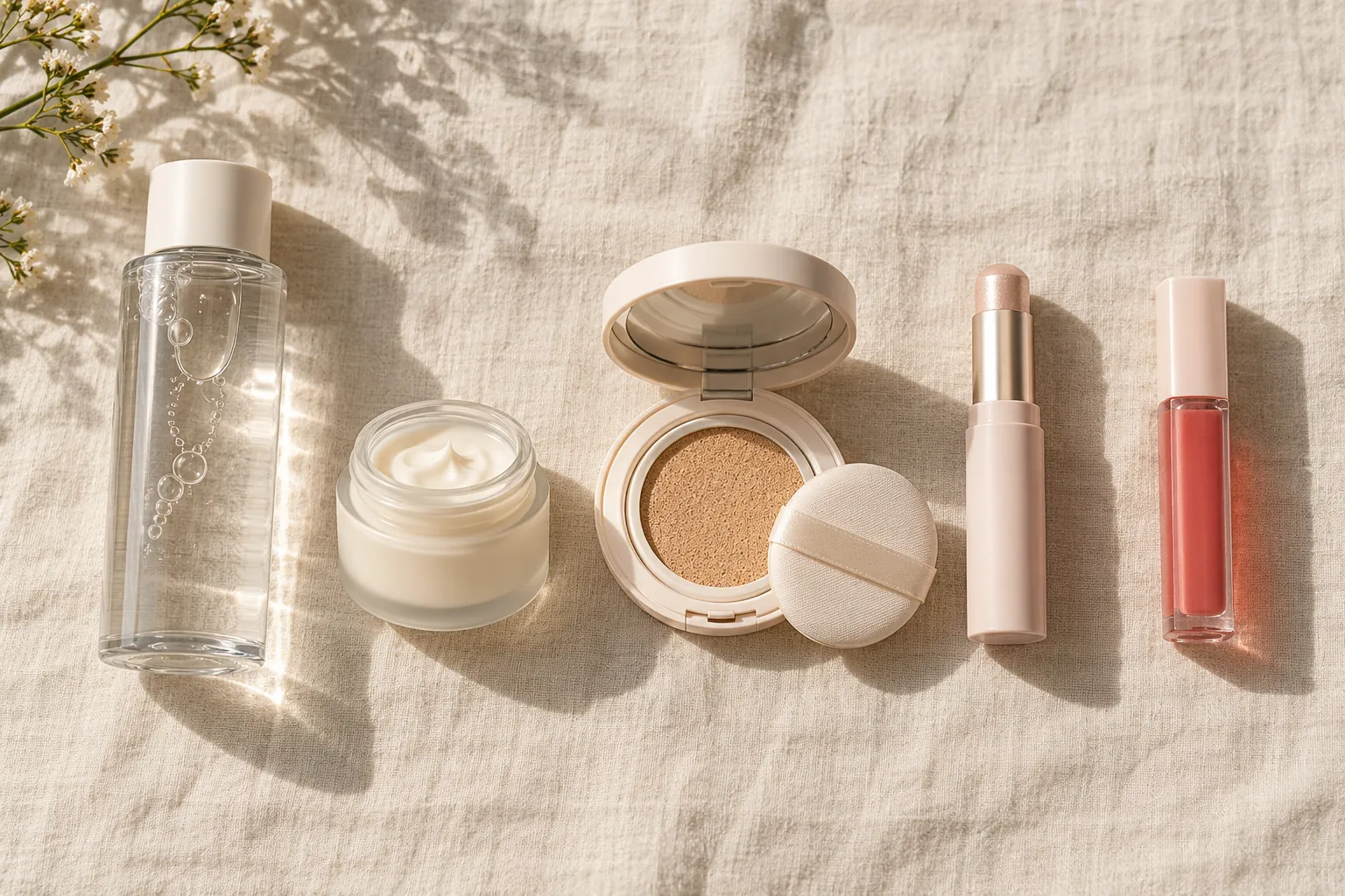 Five glass-skin steps laid out: toner, moisturizer, cushion, highlighter, lip
