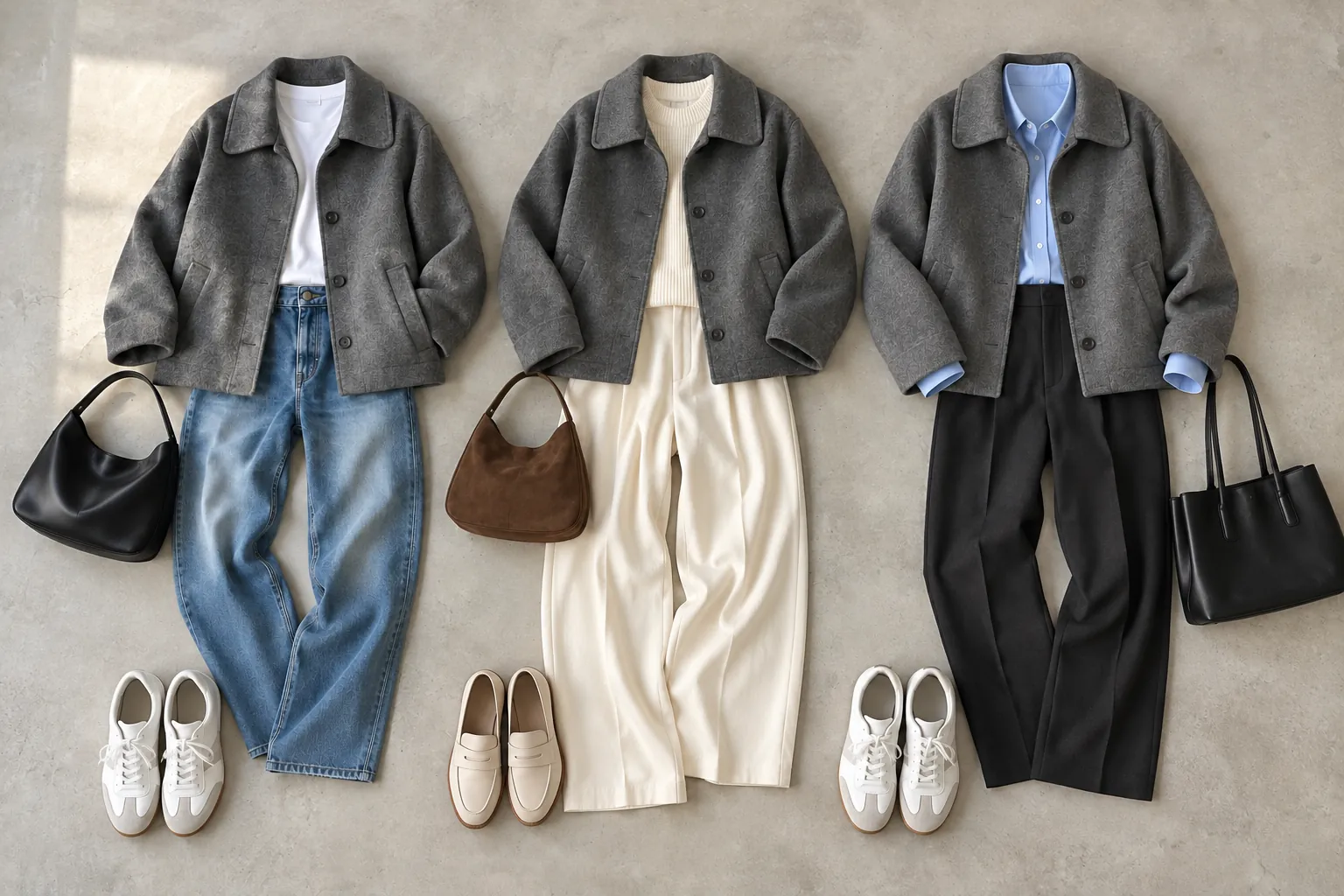 The same grey short coat styled three ways: street, airport, office