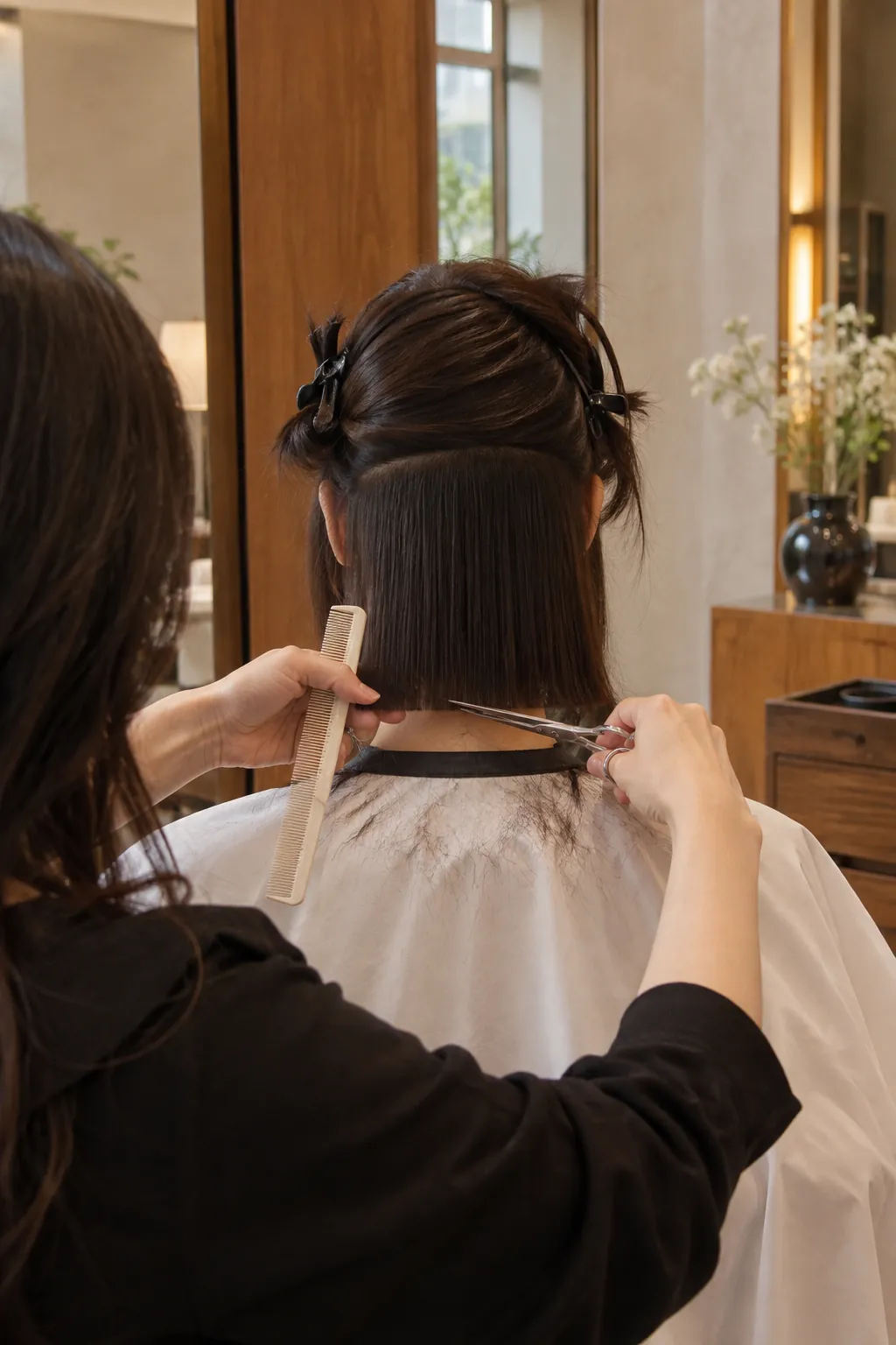 A blunt layered cut, air-dried, seen from behind