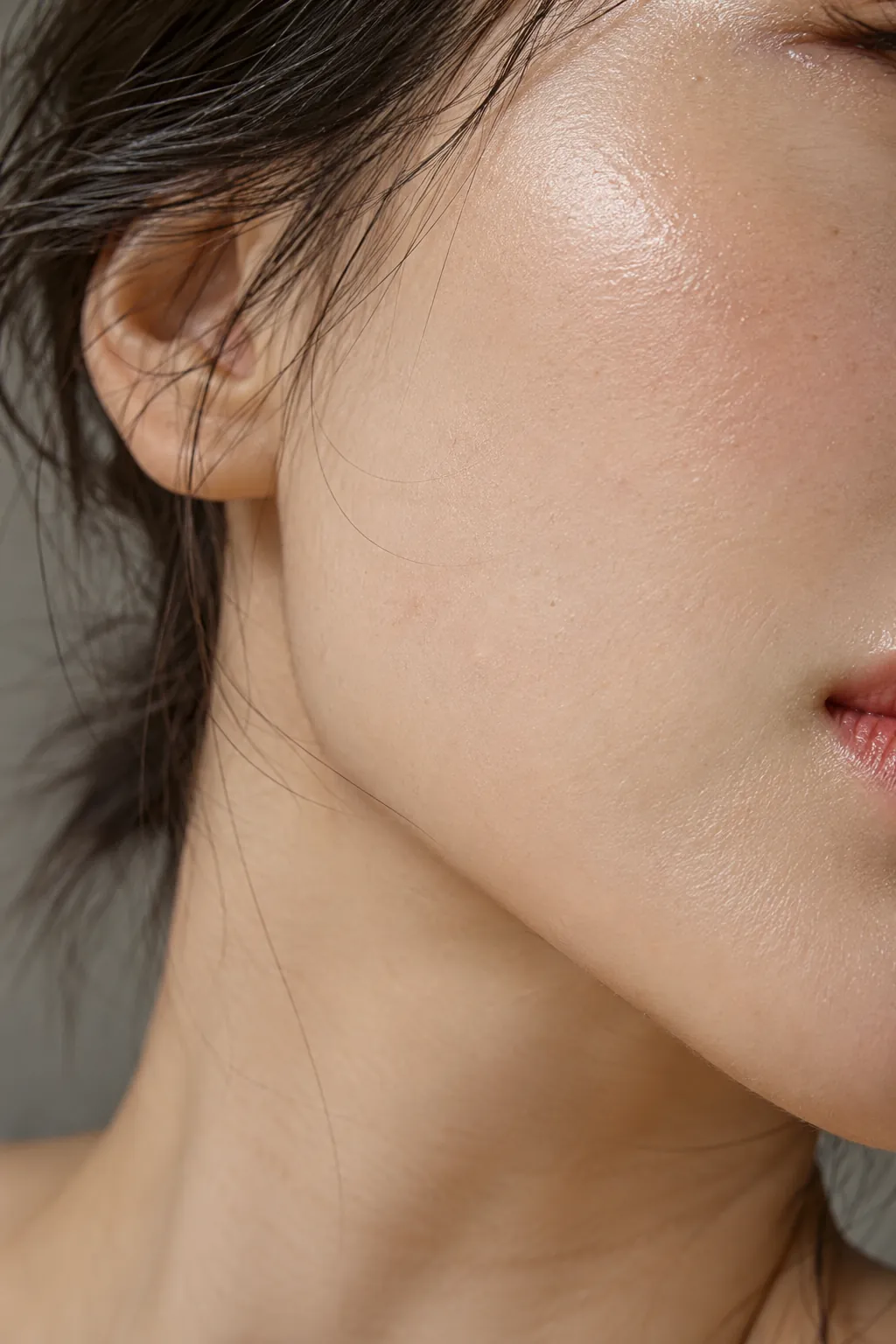 Close-up of a cheek with a soft highlight on the upper cheekbone; skin texture visible