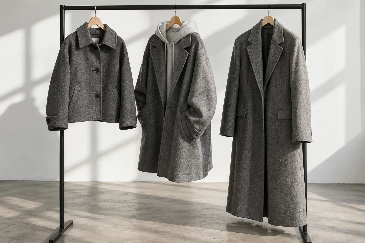 Three grey coats on a rail against concrete