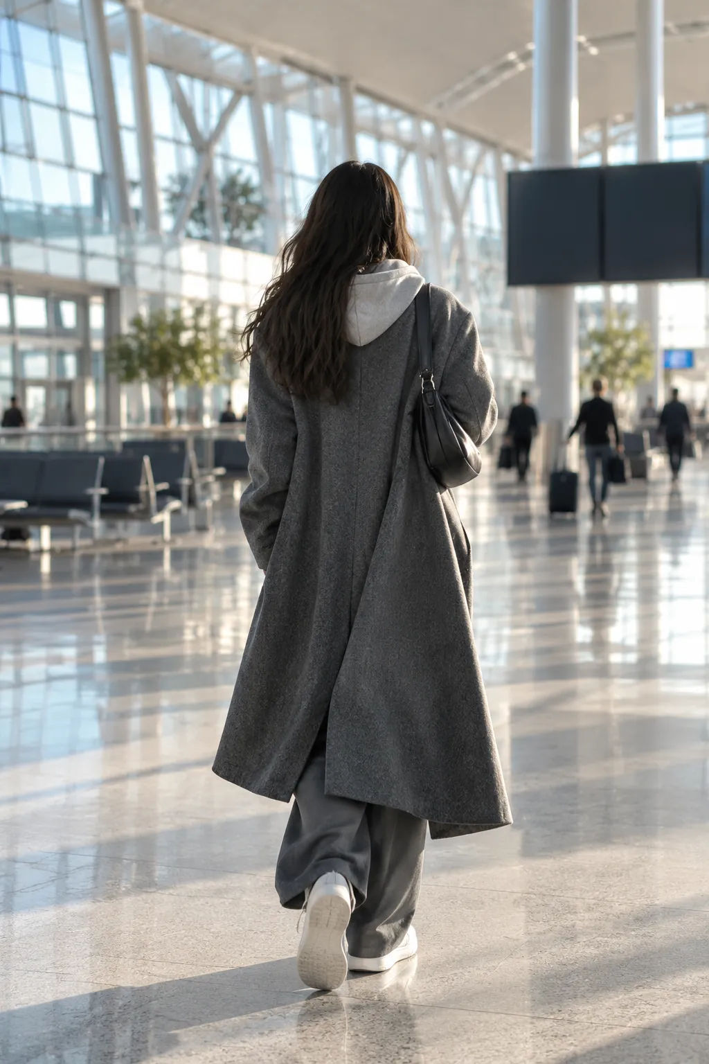 An oversized grey coat with a hood underneath at an airport